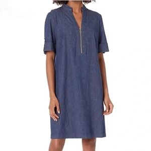 Anne Klein Steffi Denim Blue Denim Shift Dress Gold Zipper Women Plus Sz 1X
